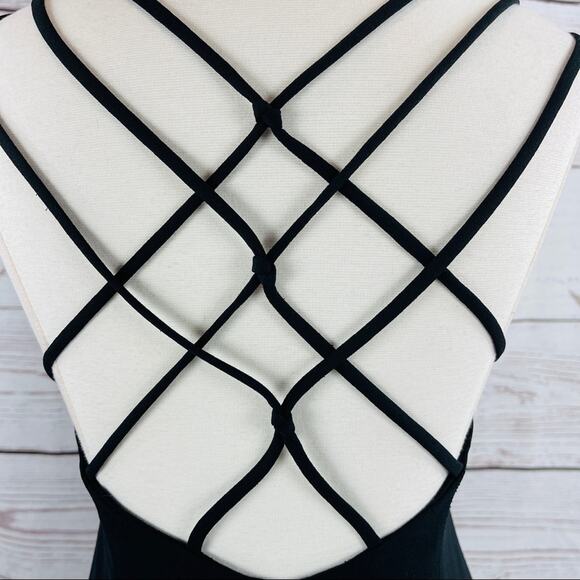 Cache vintage long black dress crisscross back silk front slit - Picture 13 of 13